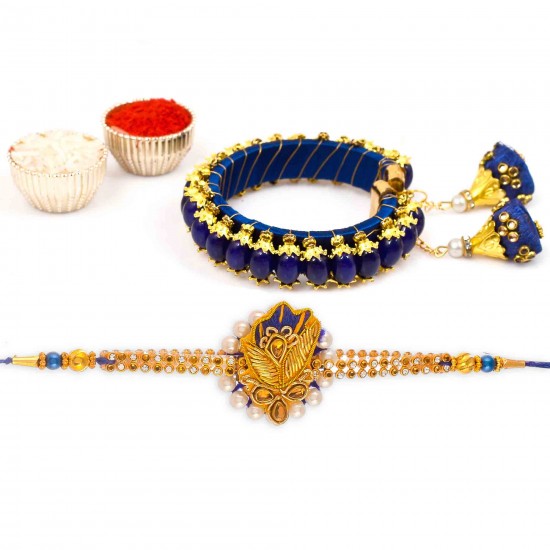 Couple rakhi Set - Bracelet Design Blue Bhai Rakhi With Bhabhi Lumba