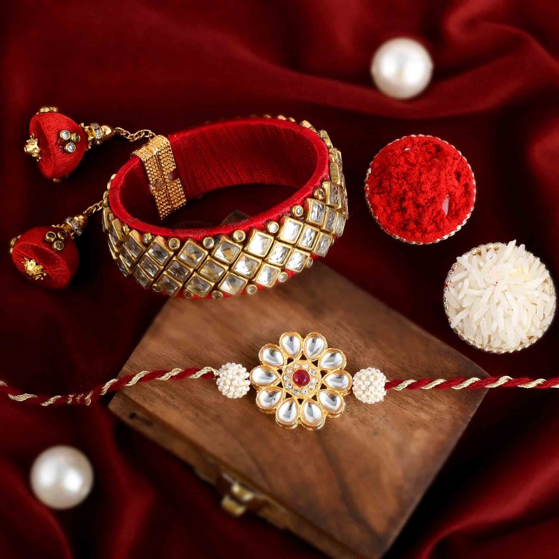 Couple rakhi Set - Red Kundan Bhai Rakhi With Traditional Bhabhi Lumba