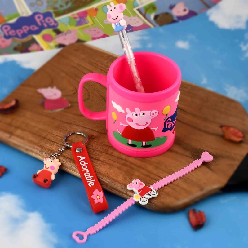 Kids Peppa Pig Mug , Keychain , Pencil & Band Rakhi Combo set