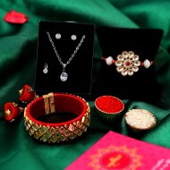 Couple rakhi Set - Kundan Bhai Rakhi With Red Bhabhi Lumba & Gift Set