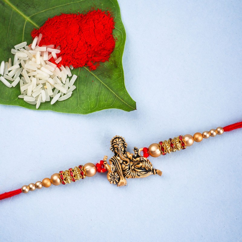 Ganesh Pearl Golden Beads Rakhi (Golden, 1 Pc)