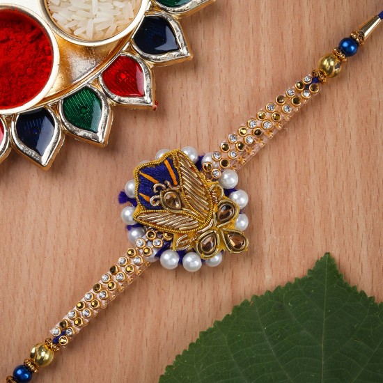 Bhai Rakhi White Pearl Blue and Golden Bracelet for brother