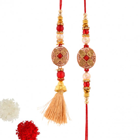 Couple Rakhi Set Rose Gold with Stone Beads Lumba