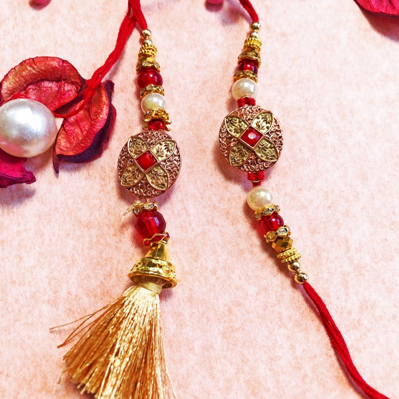 Couple Rakhi Set Rose Gold with Stone Beads Lumba