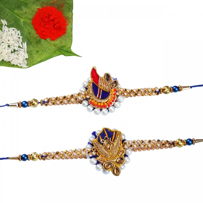 Bhai Rakhi Set of 2 White Pearl Golden Bracelet Rakhi for Brother